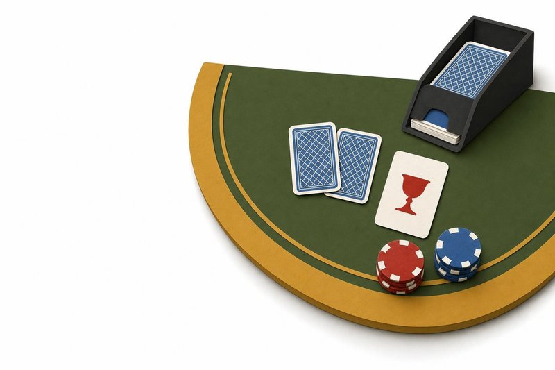 Ilustración en papel recortado de una mesa de blackjack con un zapato de cartas, naipes y fichas