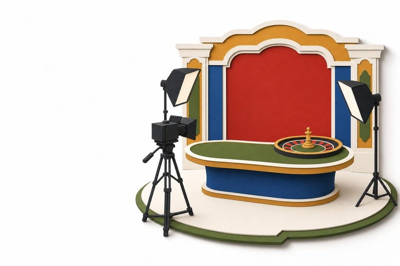 Ilustración en papel recortado de un estudio de casino en vivo con cámara, focos y una mesa de ruleta