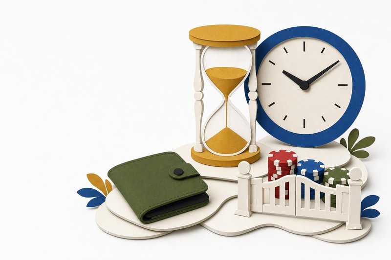 Ilustración en papel recortado de un reloj de arena, un reloj, una cartera cerrada y fichas tras una pequeña valla