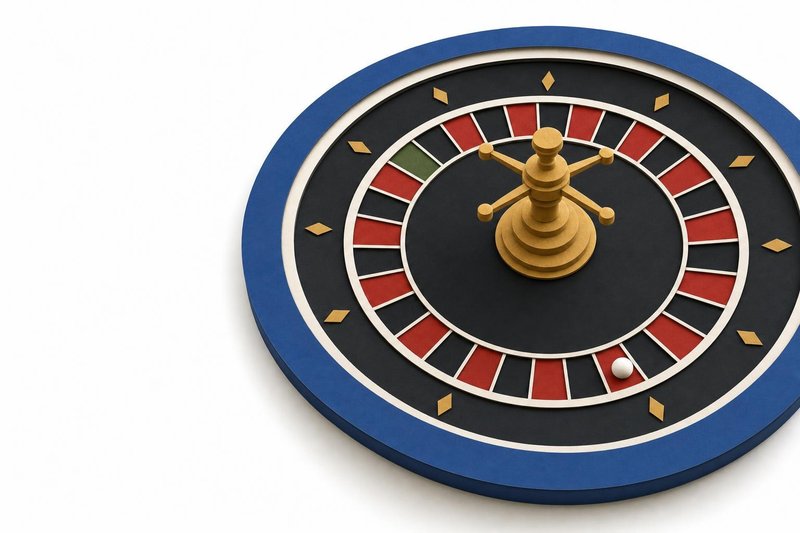 Ilustración en papel recortado de una rueda de ruleta europea con casillas rojas y negras y un único cero verde
